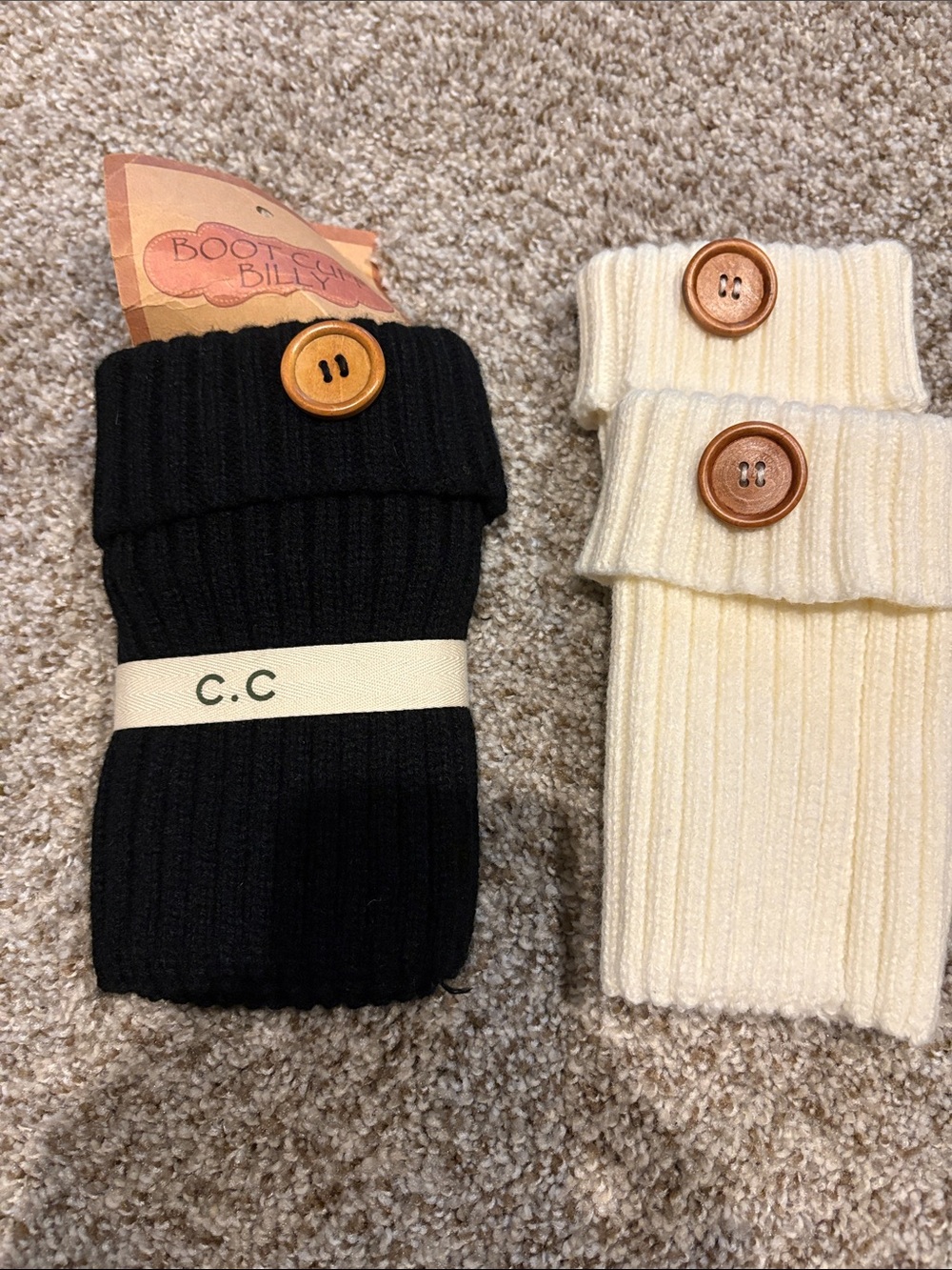 C.C Black & Cream Ribbed Boot Cuffs with Wooden Buttons